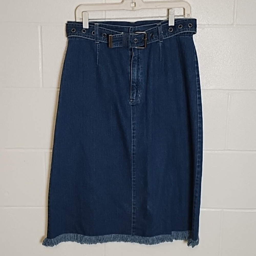 Denim Skirt 12 100% Cottom Raw Fringe Edge Hem Belt Zip Front